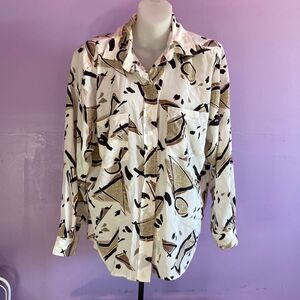 Nicola Cream Geo Pattern Button Down Blouse Women’s Size 10 Long Sleeve Top